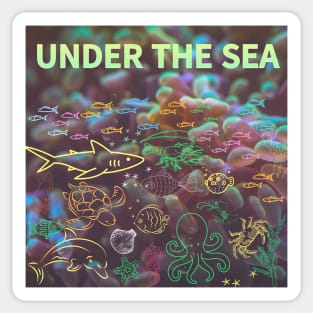 under the sea,blue sea,sea creatures,Turtle, puffer fish, starfish, shrimp, shark, tropical fish, sea horse, seaweed, sardines, squid, crabs, clams Sticker